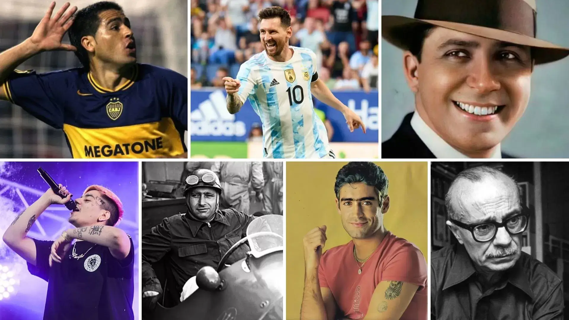 Collage de Duki con Messi, Riquelme, Rodrigo y Gardel entre otros 